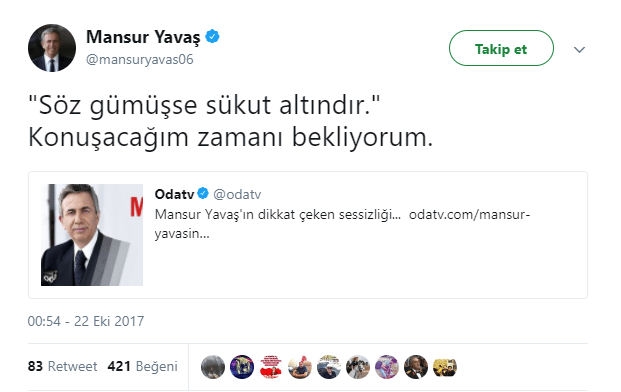 Mansur Yavaş'tan dikkat çeken Gökçek tweeti