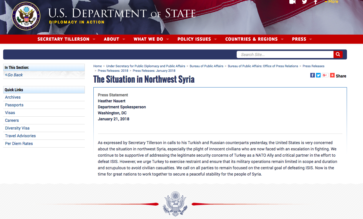 ABD Dışişleri Bakanlığı'ndan yeni açıklama: Afrin operasyonunun kapsamı sınırlı olmalı