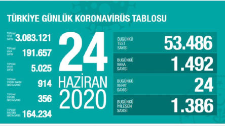 Son 24 saatte 24 can kaybı, 1492 yeni vaka