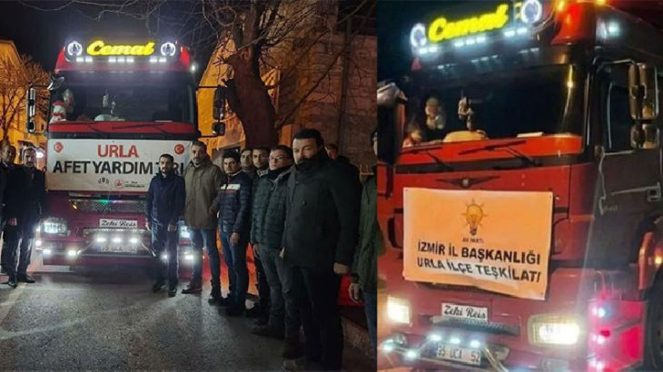 AKP Urla İlçe Teşkilatı, yardım TIR'ına kendi pankartını astı!