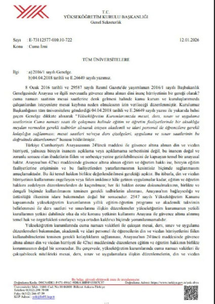 Ders ve sınav saatlerini cuma namazına göre ayarlayın