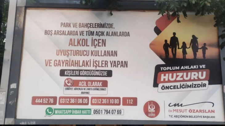 AKP'ye geçen Özarslan'dan dikkat çeken afiş: Alkol içen, uyuşturucu kullanan ve gayriahlaki işler yapanları ihbar edin